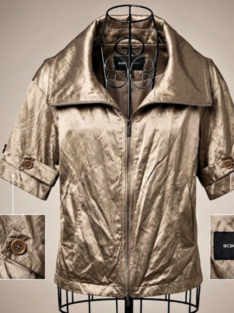 BCBGMAXAZRIA Metallic Short Sleeve Zip Front Utility Jacket (Sz S) Fall Layer